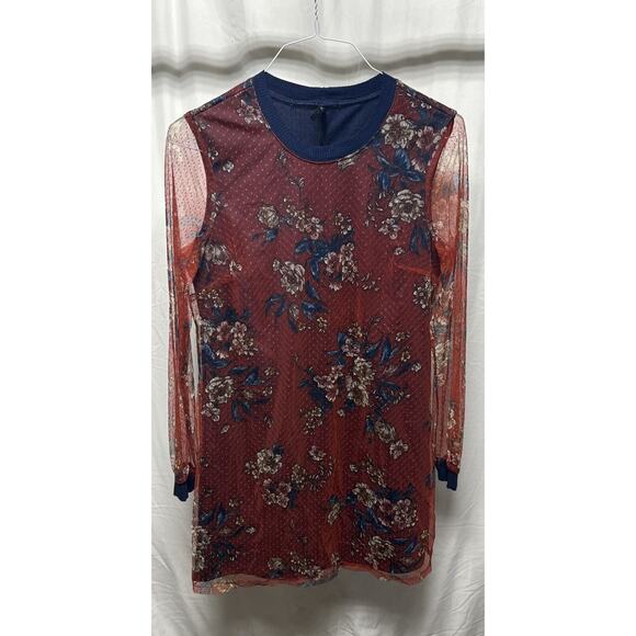 Be Bop Juniors Red Navy Overlay Mesh Dress Sheath Size XXS Long Sleeve Mini NEW - Picture 1 of 5